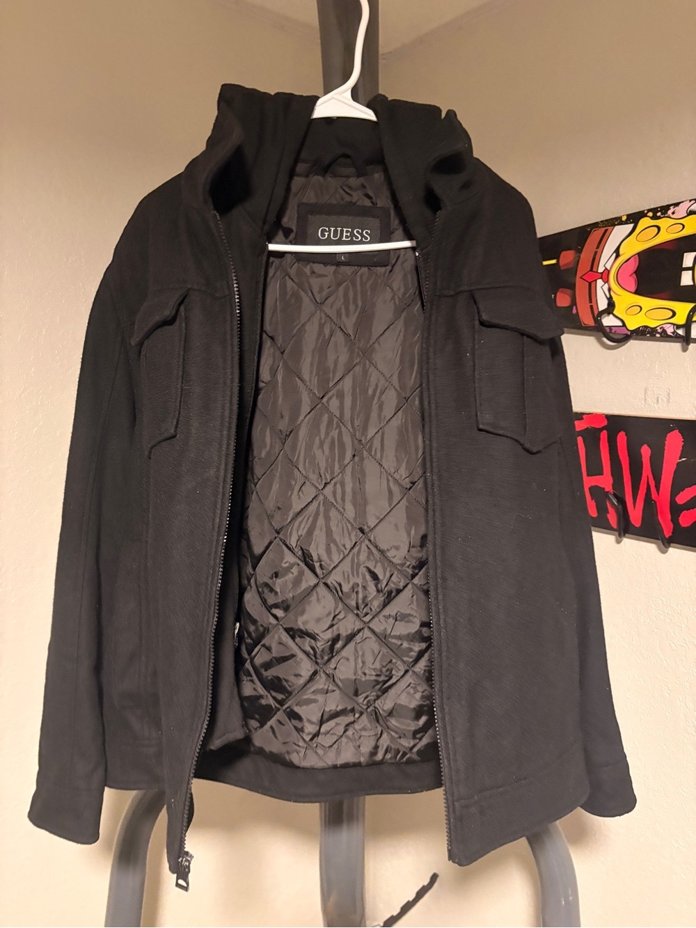 GUESS Men's Black Quilted Lined Hooded Field Jacket